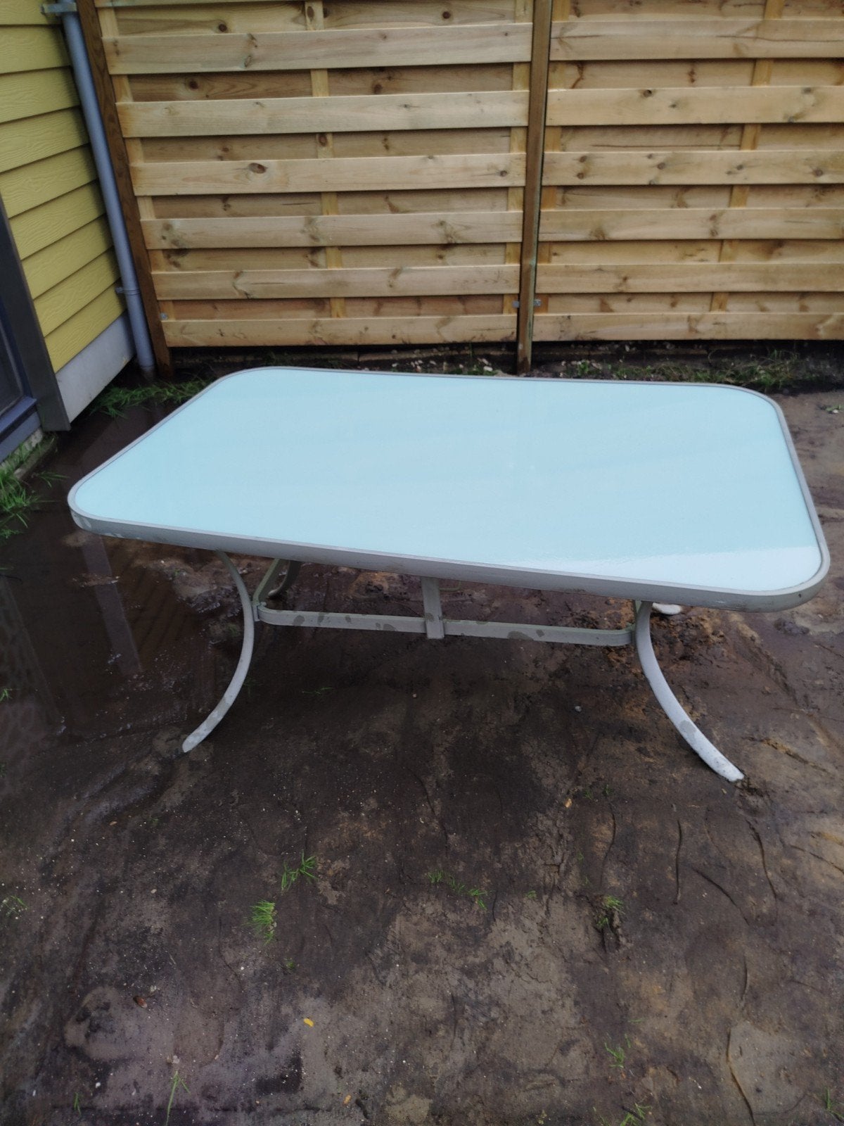 Tuin tafel met glazen blad, Ophalen, Gebruikt, Rechthoekig, Metaal