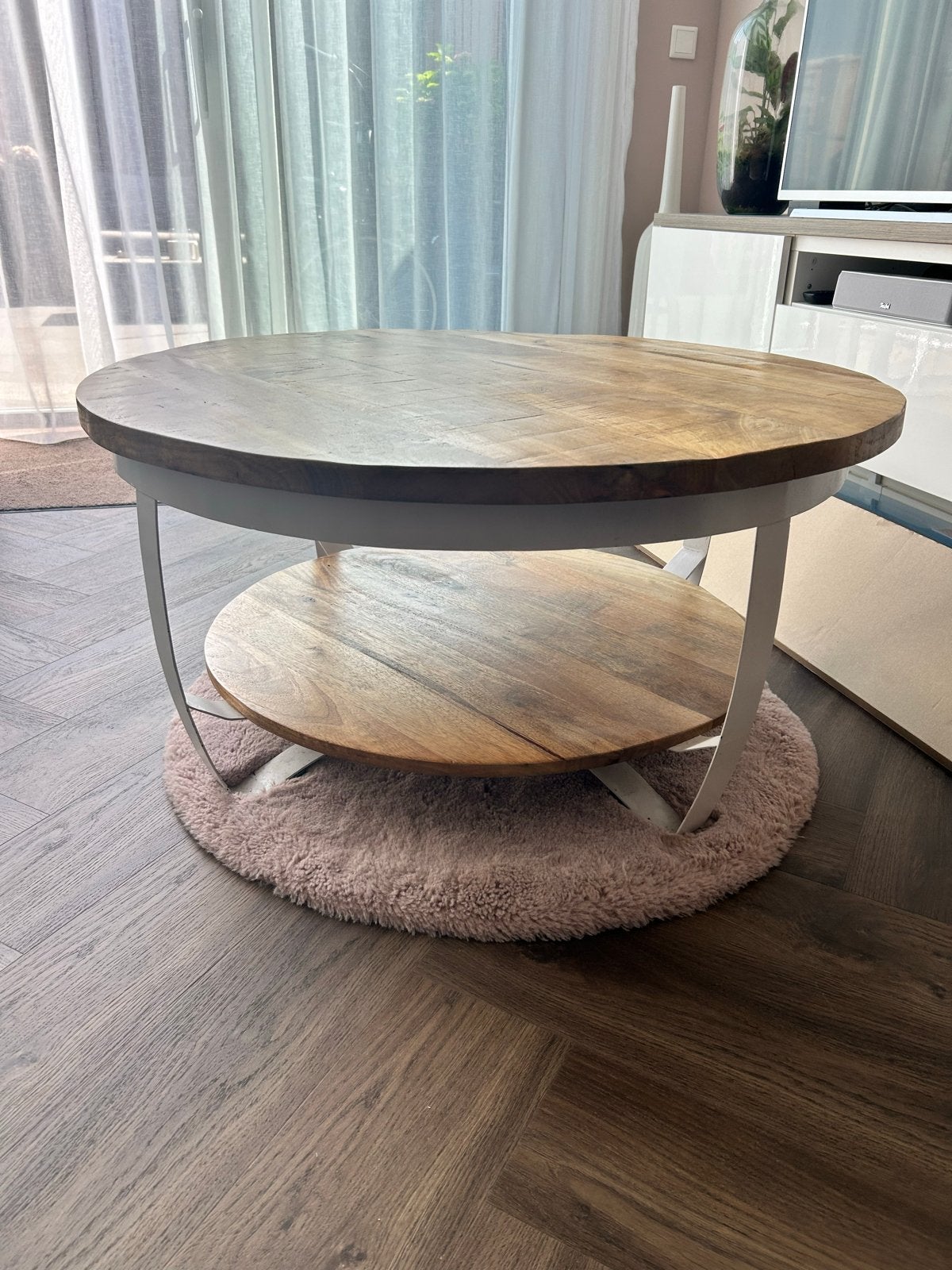 Salontafel rond 90cm mangohout met metalen onderstel, Ophalen, Gebruikt, Rond, 50 tot 100 cm