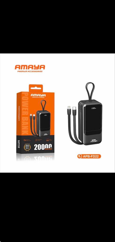 AMAYA Powerbank 20000mAh 65W met ingebouwde kabels, Verzenden, Nieuw