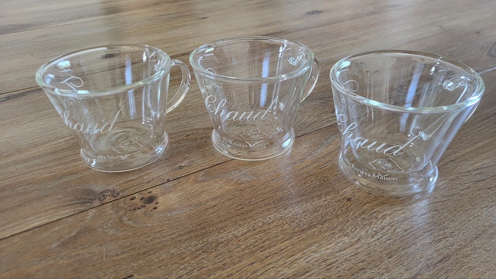 Riviera Maison Kopjes - Set van 3 "Chaud" Glazen Kopjes, Huis en Inrichting, Ophalen of Verzenden, Zo goed als nieuw, Riviera Maison