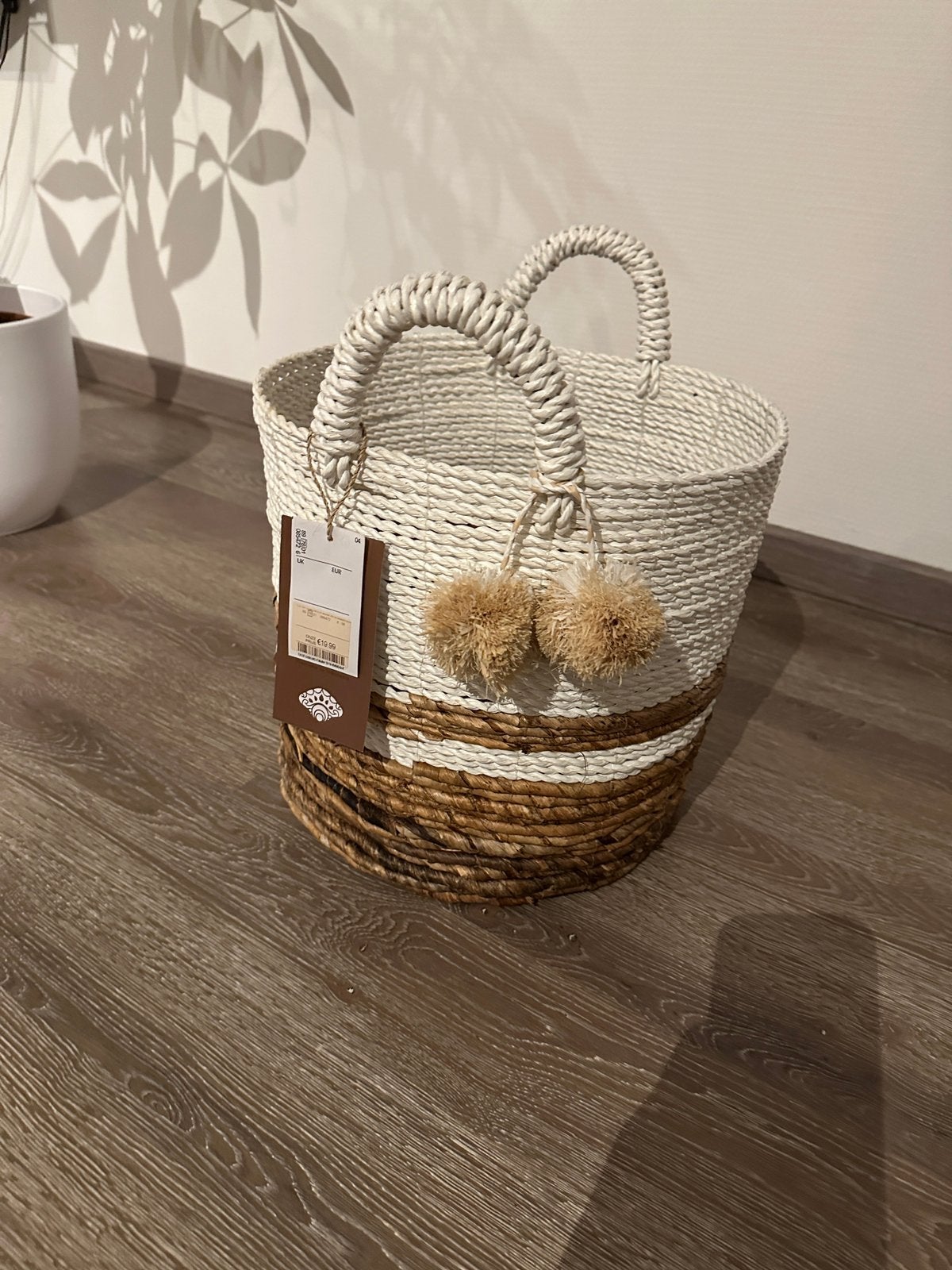 Handgemaakte mand – naturel/wit – 28x30 cm – nieuw met label, Ophalen, Mand, Rond, Nieuw