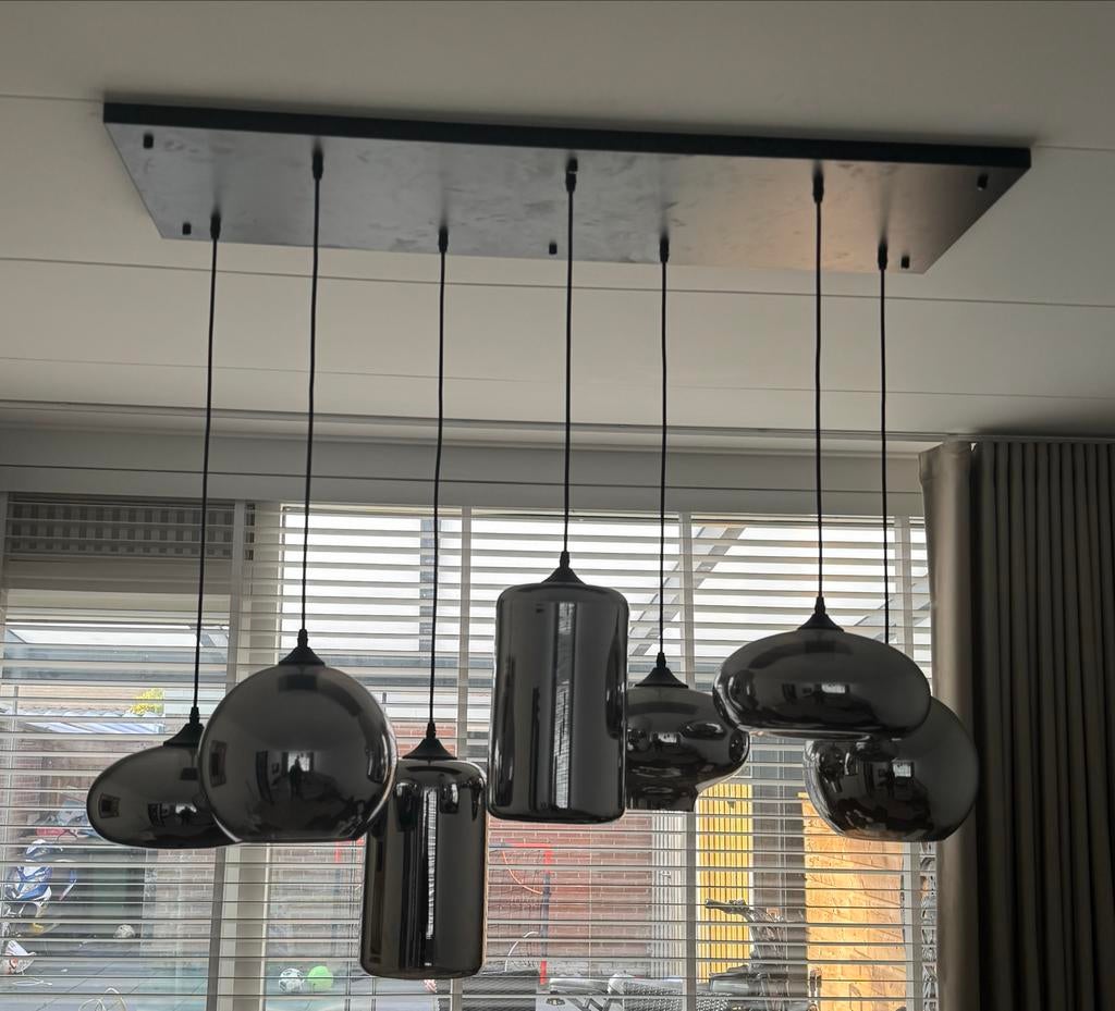 Rookglas 7 bollen hanglampen, Ophalen of Verzenden, Gebruikt, Glas, 75 cm of meer