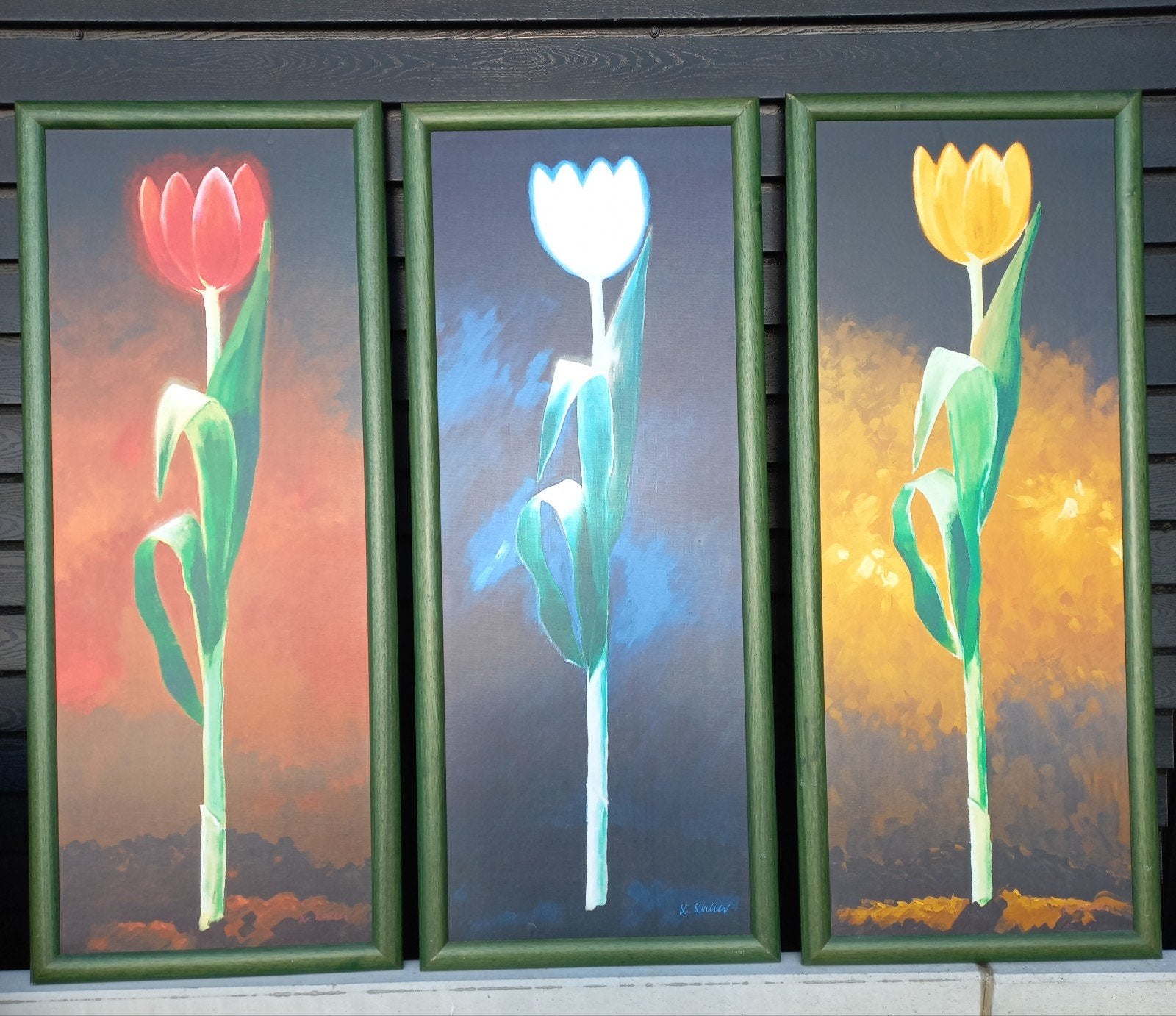 3 tulpen schilderijen 145x60 cm - Randen licht beschadigd, Ophalen, Textiel, Handgeschilderd, Bloemen