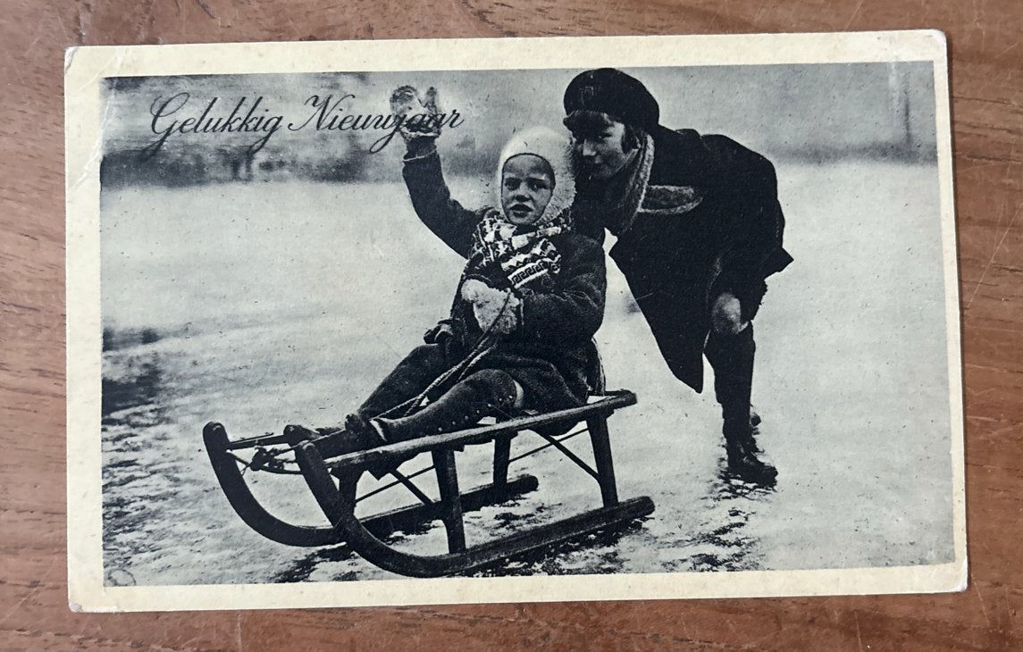 ansichtkaart Gelukkig Nieuwjaar sleeën 1936, Verzenden, 1920 tot 1940, Gelopen