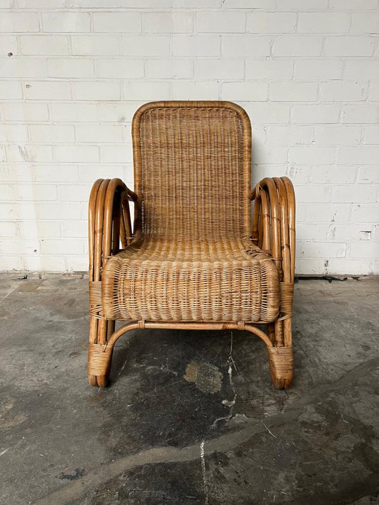 Vintage rotan fauteuil / lounge stoel – boho retro design, Huis en Inrichting, Stoelen, Zo goed als nieuw, Eén, Bruin, Ophalen of Verzenden