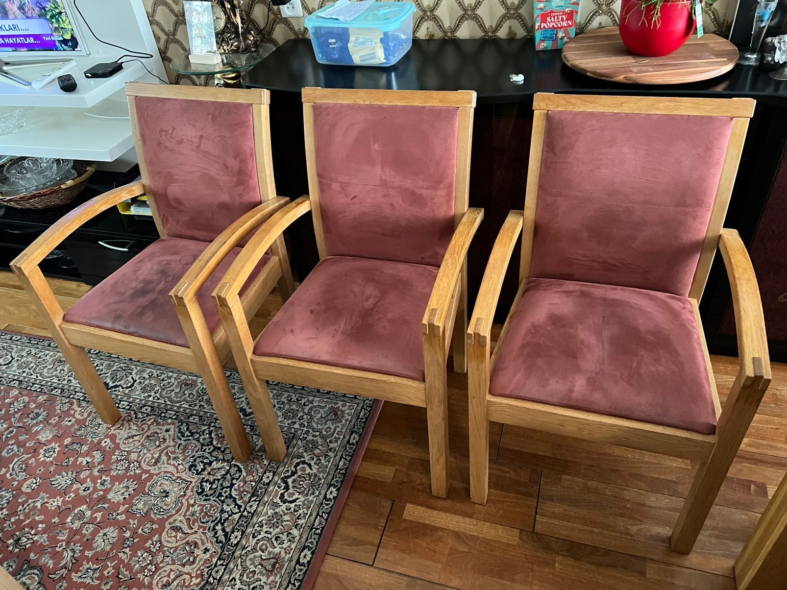 6 eettafel stoelen massief hout bordeaux rood, Huis en Inrichting, Stoelen, Ophalen, Gebruikt, Vijf, Zes of meer stoelen, Rood
