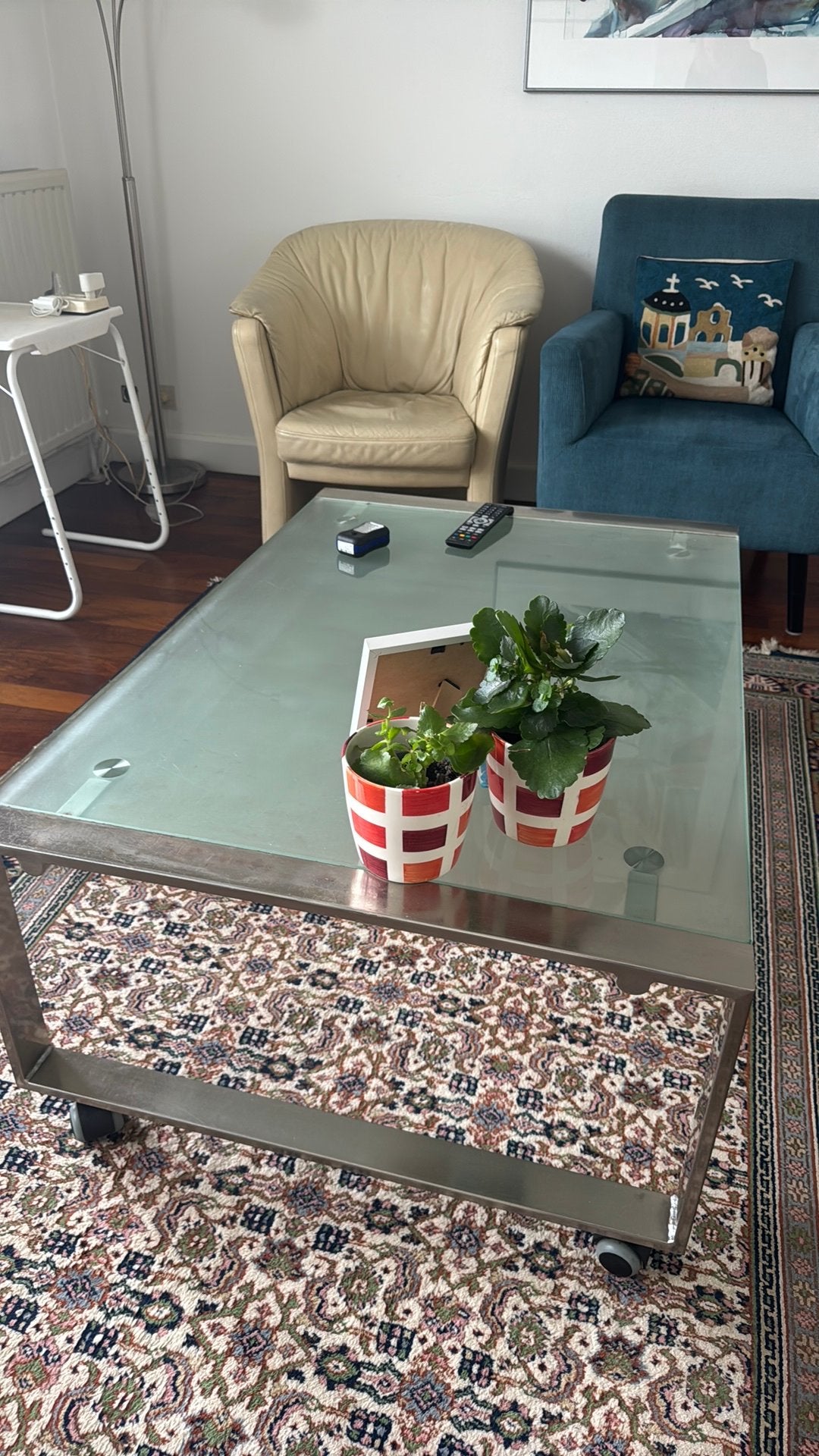 Salontafel verrijdbaar glas en staal, Ophalen, 50 tot 100 cm, 150 tot 200 cm, Zo goed als nieuw