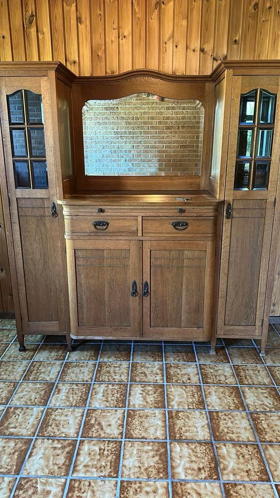 Antieke Eiken Dressoir met Vitrinekasten en Spiegel, Ophalen