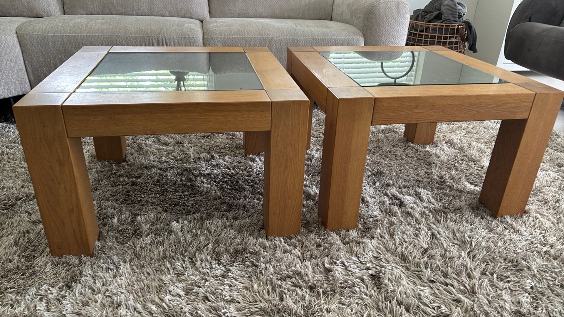 Salontafels 2 stuks massief licht eiken 70 x 70 cm, Ophalen, 50 tot 100 cm, 50 tot 100 cm, Zo goed als nieuw