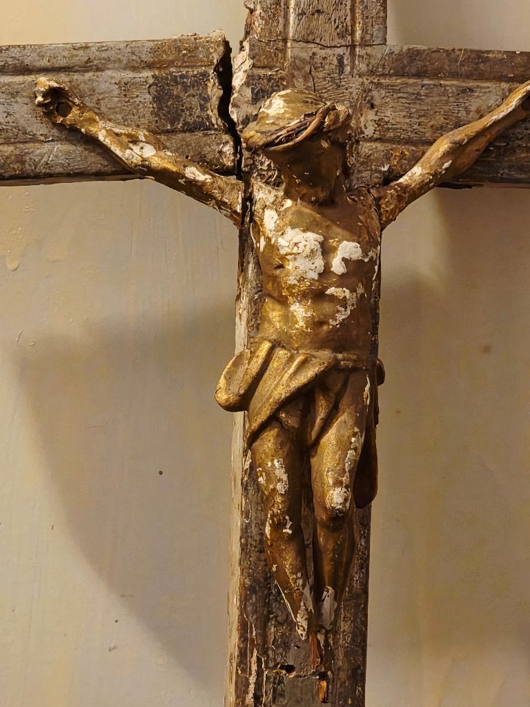 Laat 16 eeuw houten kerk kruis met polychroom Christusbeeld, Ophalen of Verzenden