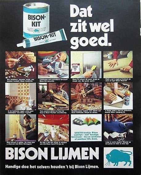 4 vintage advertenties reclames Bison lijmen 1976, Verzamelen, Ophalen of Verzenden, Gebruikt, Overige typen