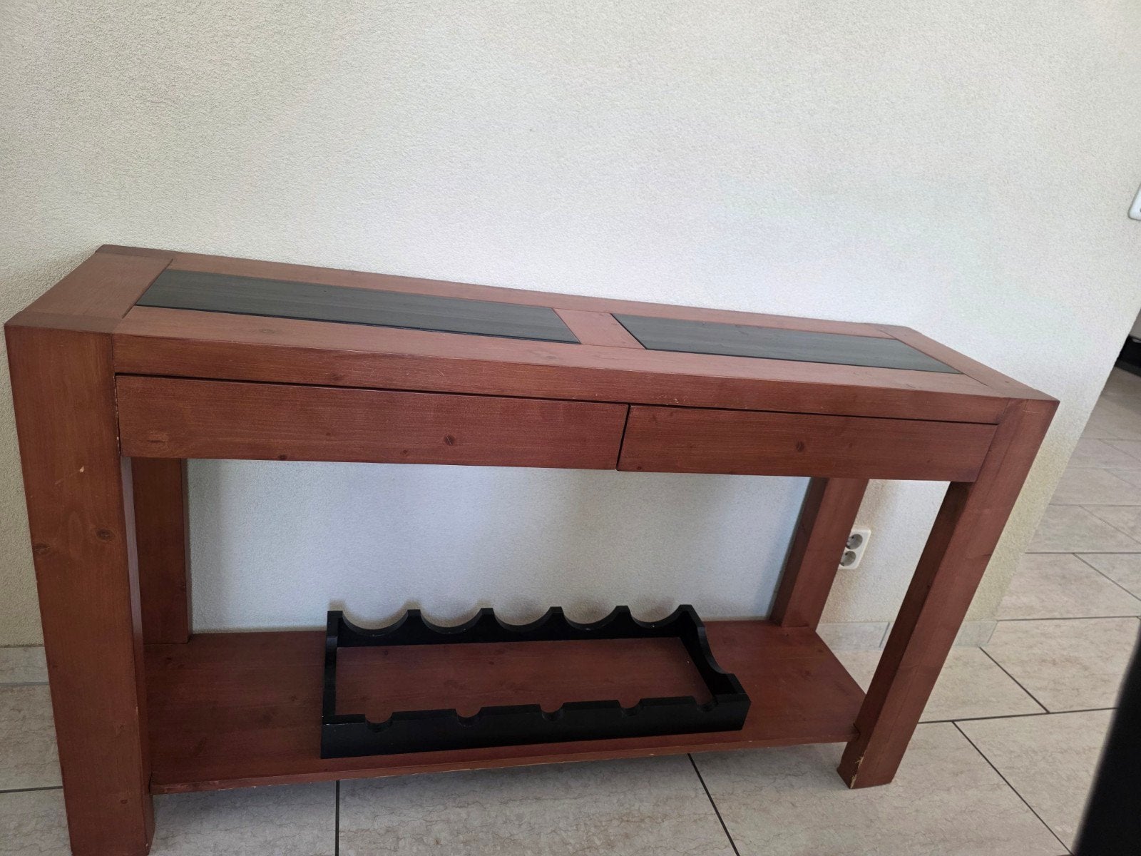Houten sidetable met lades en wijnrek, Ophalen, Gebruikt, 100 tot 150 cm, Modern landelijk
