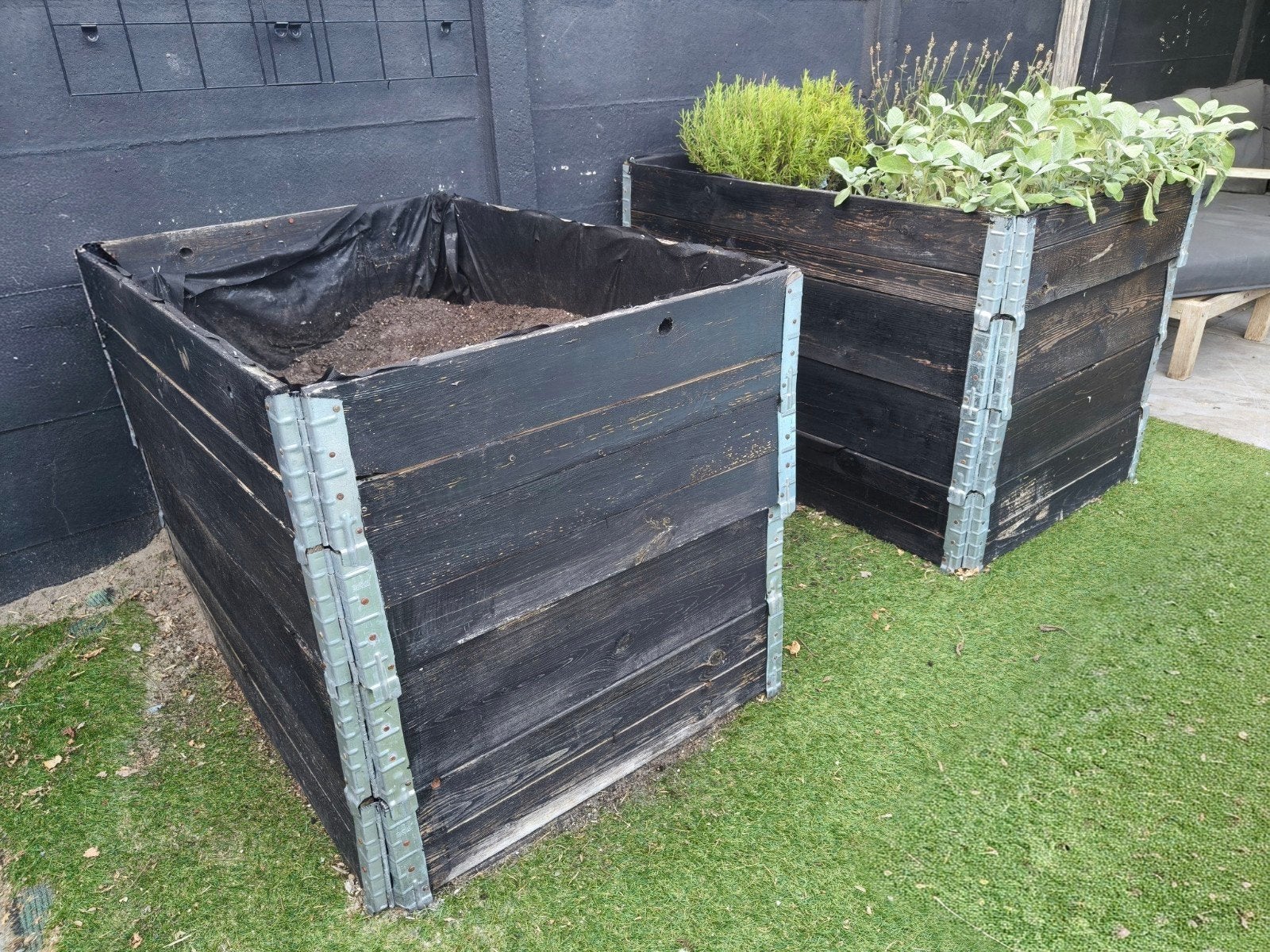 Zwarte houten moestuinbakken / palletranden, Ophalen, Gebruikt, 100 cm of meer, Rechthoekig