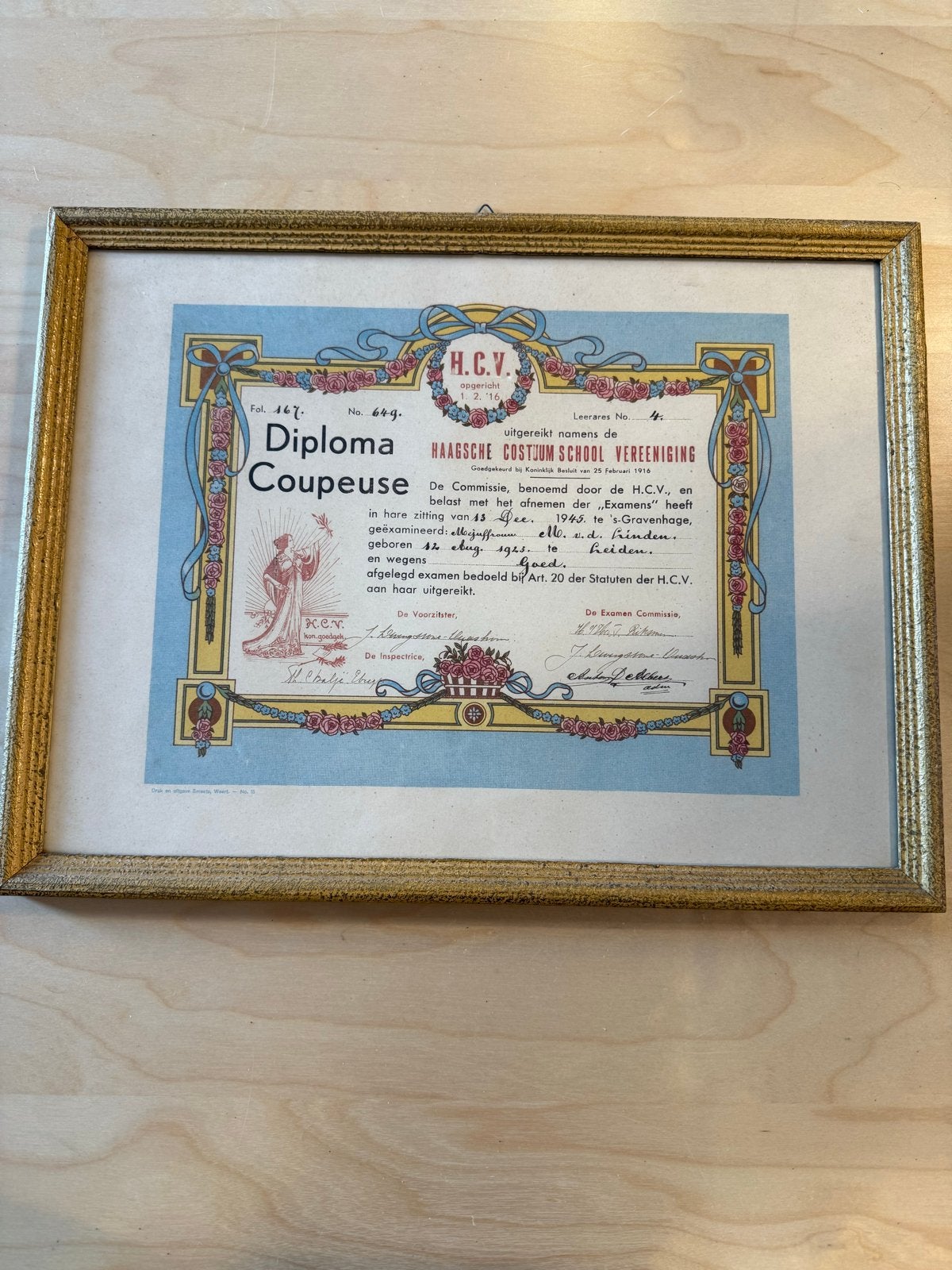 Oud Haagsch Coupeuse Diploma in lijst, Ophalen of Verzenden