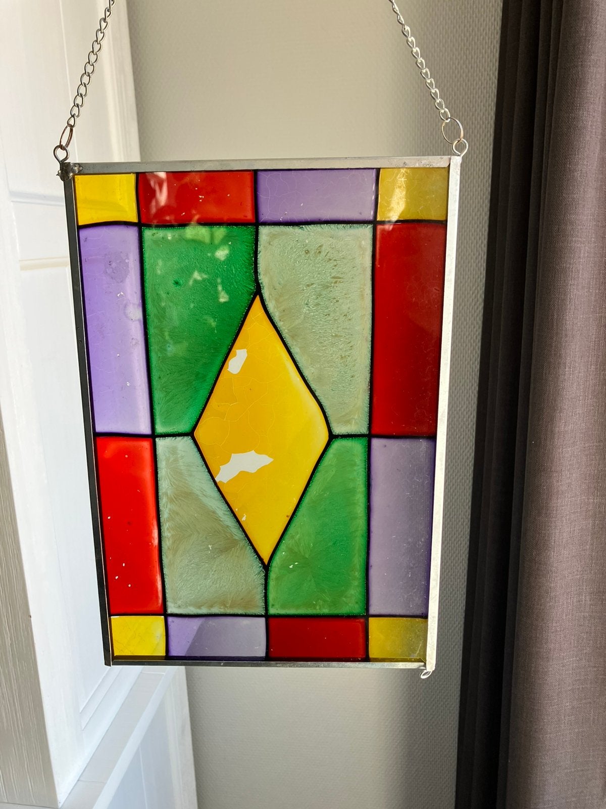Glas in lood raam raampje decoratie groen geel rood paars, Ophalen of Verzenden