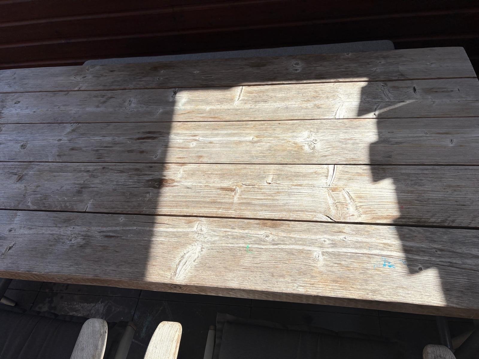 Houten tuintafel 200x90 cm met kussens, Ophalen, Gebruikt, Eettafel, 6 zitplaatsen