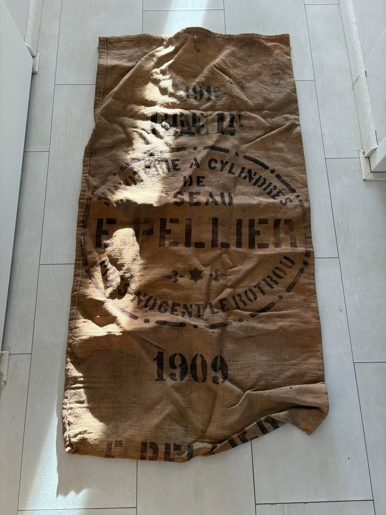 Antieke jute zak 1909 Frans 60x125 pre-war origineel, Verzenden