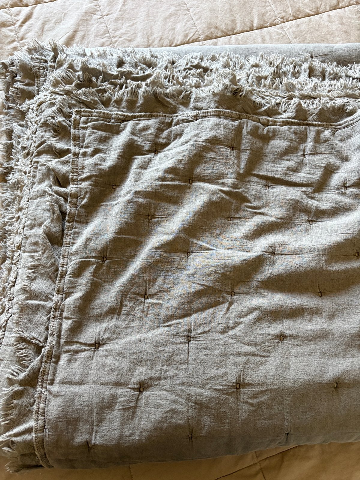 Grijze sprei met franjes - Zo goed als nieuw, Katoen, Tweepersoons, Ophalen of Verzenden, Zo goed als nieuw