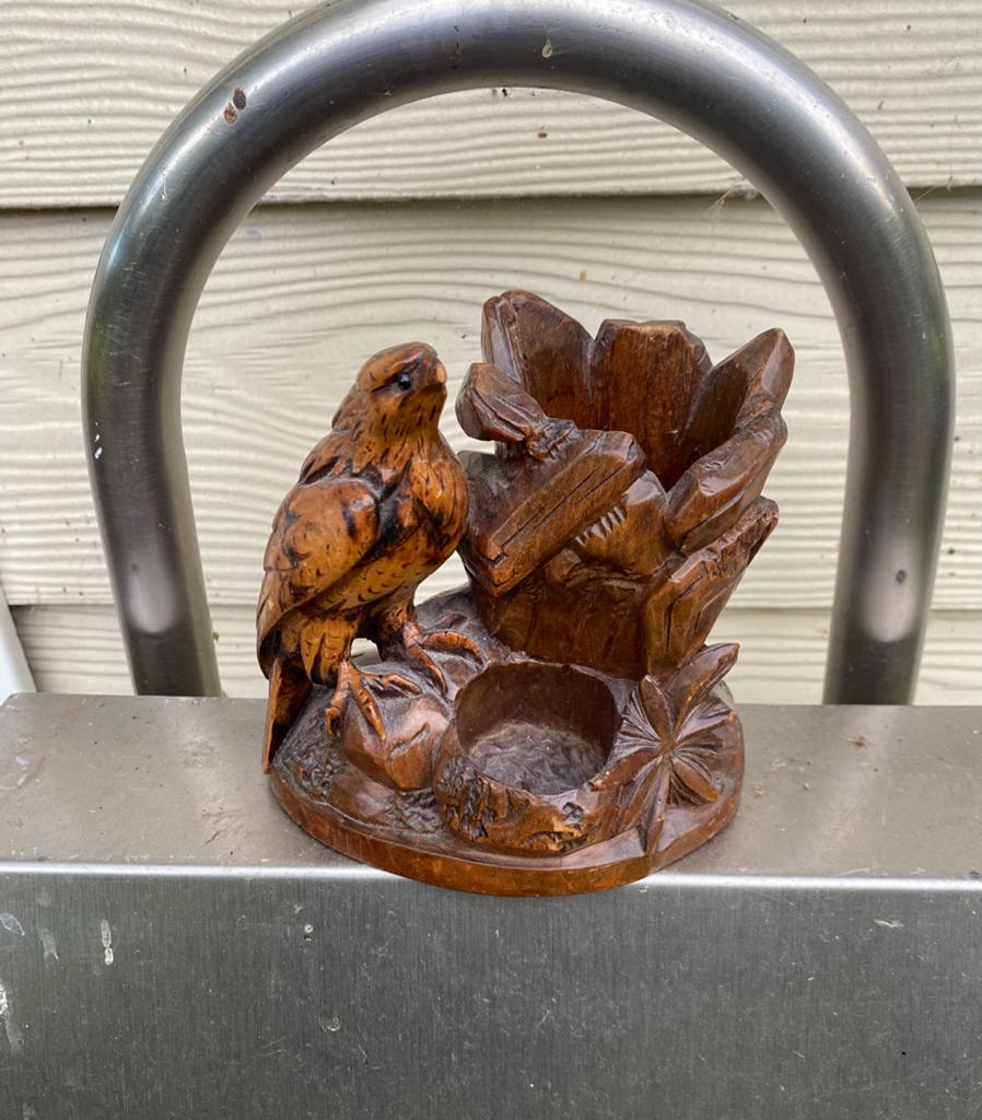 Antieke houten inktpot met vogeldecoratie, Ophalen of Verzenden