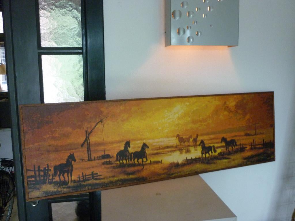 Luca Del Baldo schilderij 'Paarden op de Steppe' sixties art, Minder dan 50 cm, Gebruikt, Oorspronkelijke maker, Ophalen of Verzenden