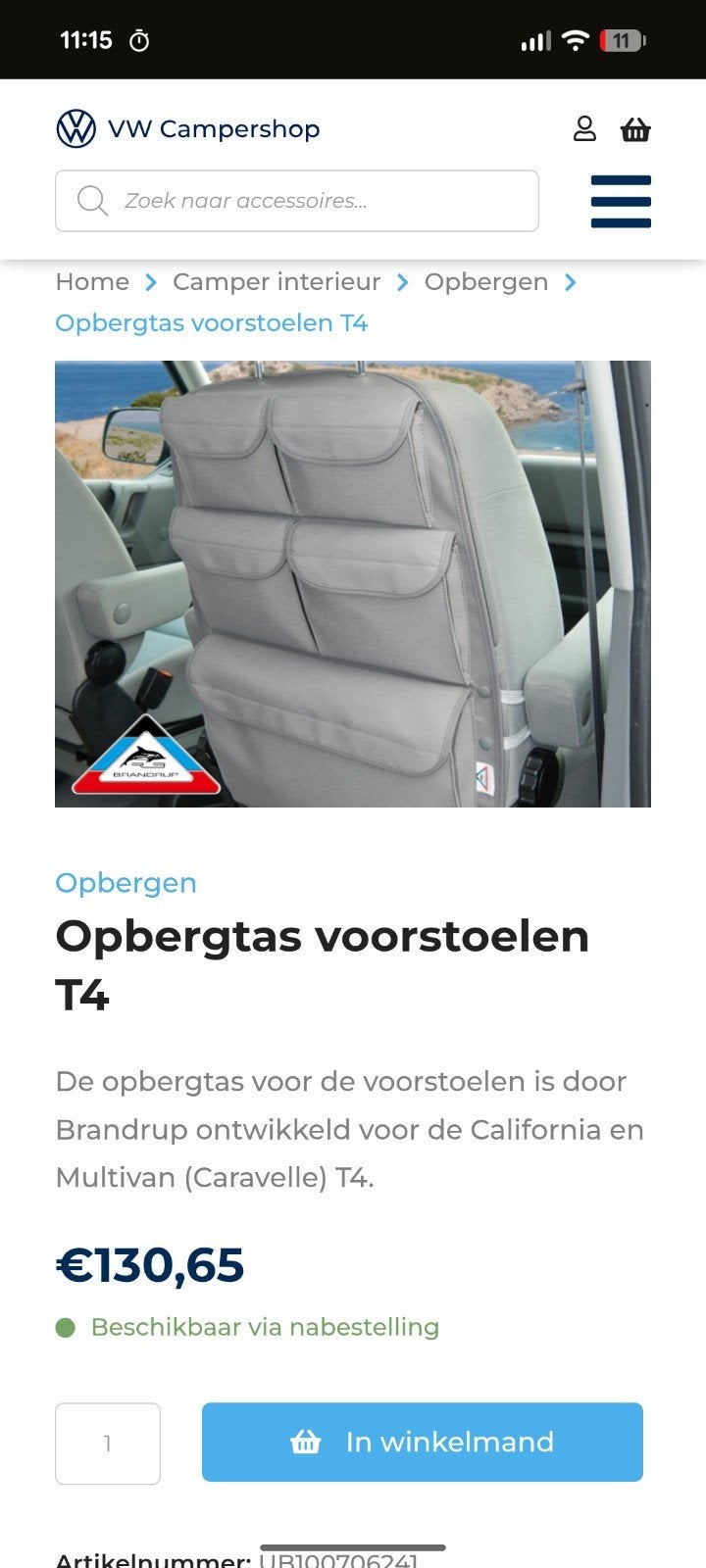 Opbergtas voorstoel Volkswagen T4 - Brandrup, Caravans en Kamperen, Camper-accessoires, Ophalen of Verzenden, Zo goed als nieuw