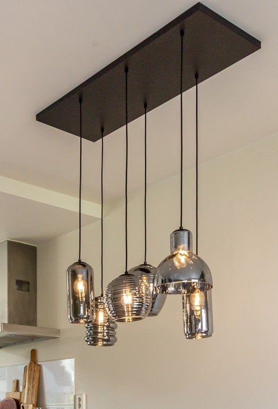Loods 5 hanglamp Bellagio - 6 lichts smoke, Ophalen, Modern, Industrieel, Zo goed als nieuw, Glas
