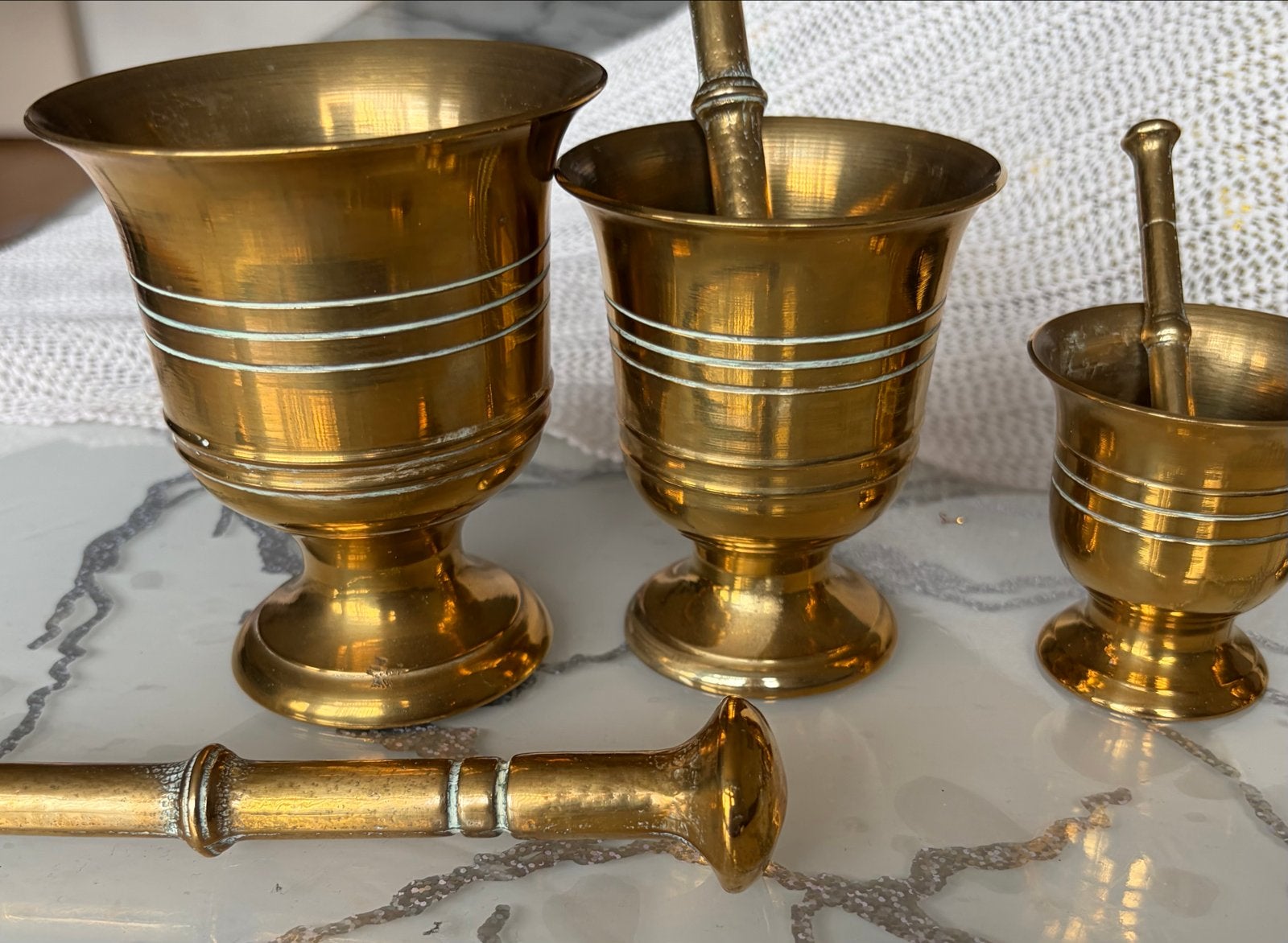 Set van 5 antieke bronzen vijzels met stampers, Ophalen, Brons