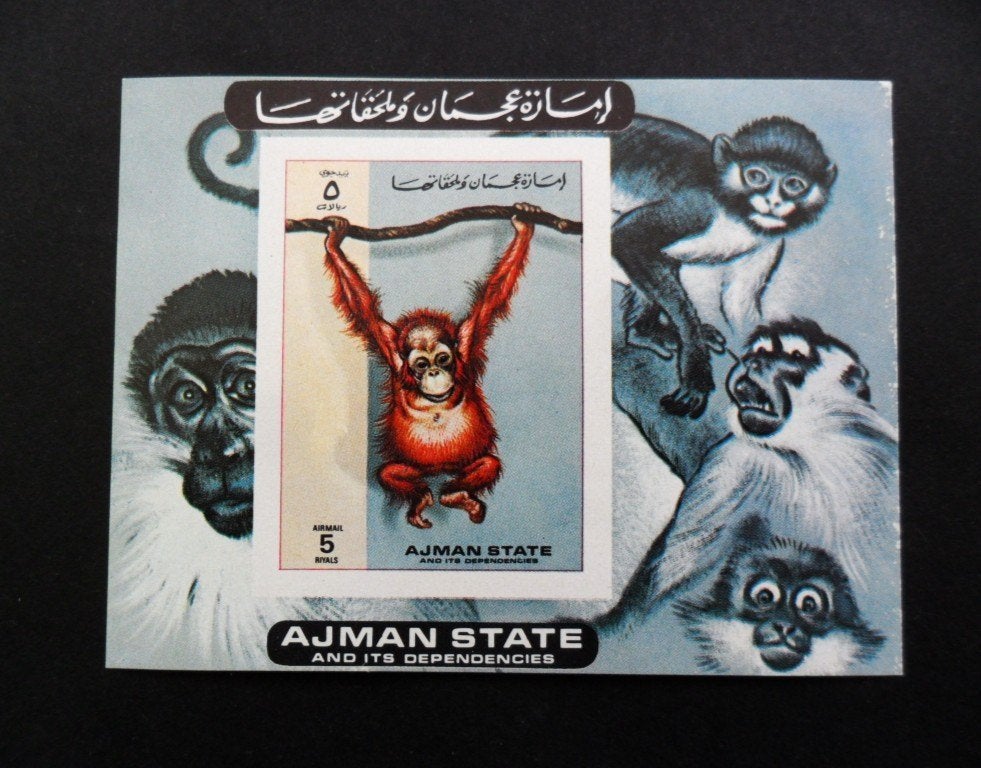 Ajman - aap - Orangutan - Blokje postfris, Postzegels en Munten, Ophalen of Verzenden, Postfris, Dier of Natuur