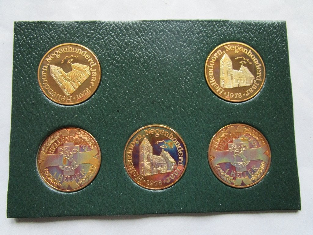 Jubileum munten set 900 jaar Hellendoorn 5 x 1 Heller 1978, Verzenden, Koningin Beatrix, Overige waardes, Setje