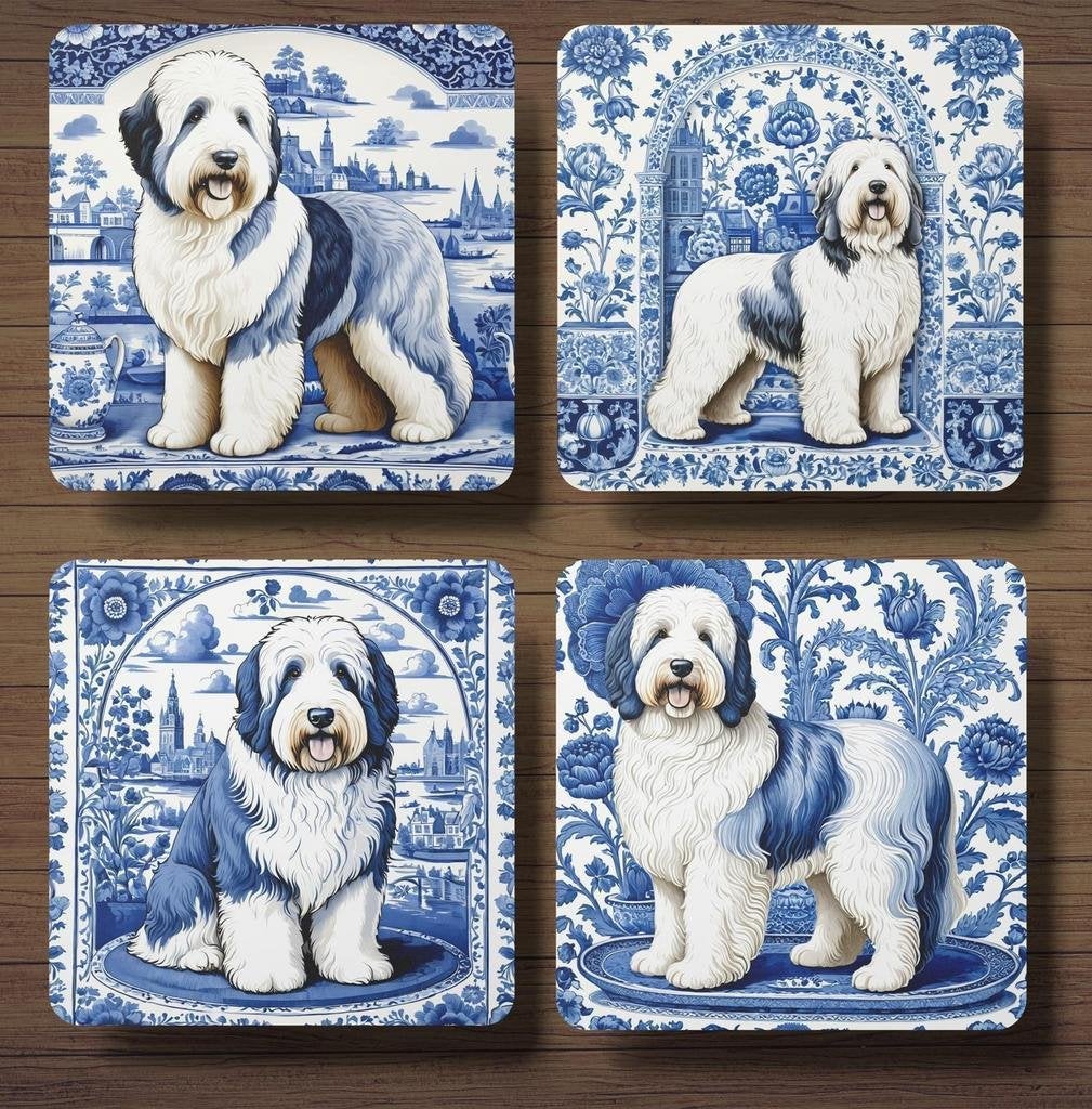 Old English Sheepdog Delfts Blauw onderzetters met houder, Ophalen of Verzenden, Nieuw