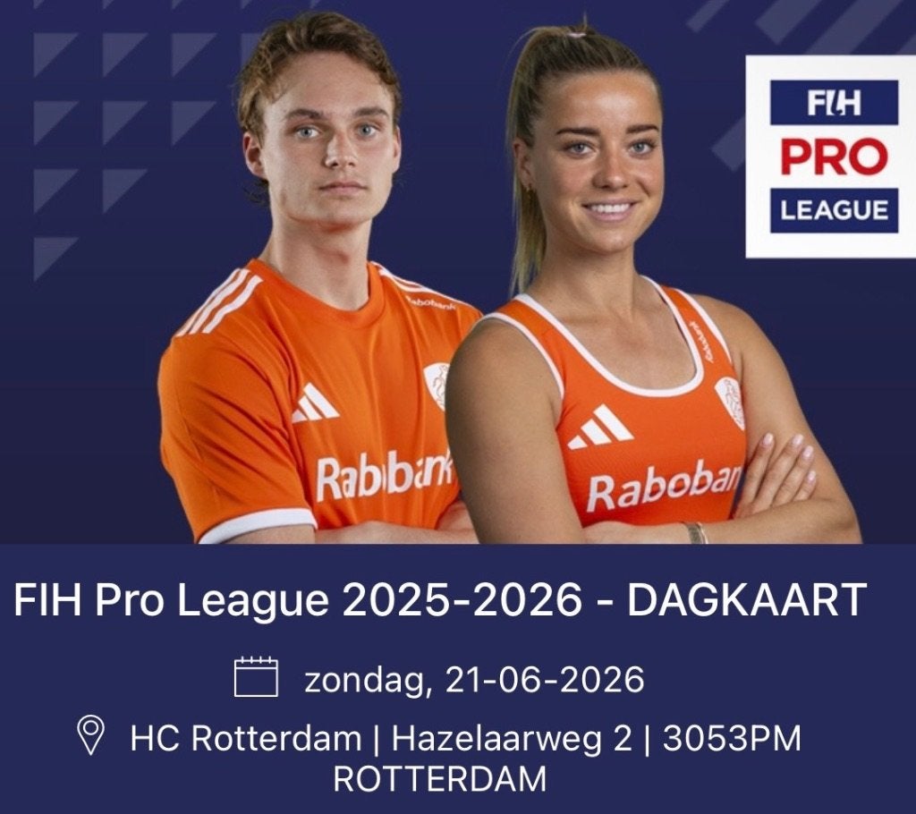 1xTicket FIH Pro League Rotterdam Hockey Zondag 21 Juni 2026, Tickets en Kaartjes, Sport | Overige, Drie personen of meer, Juni