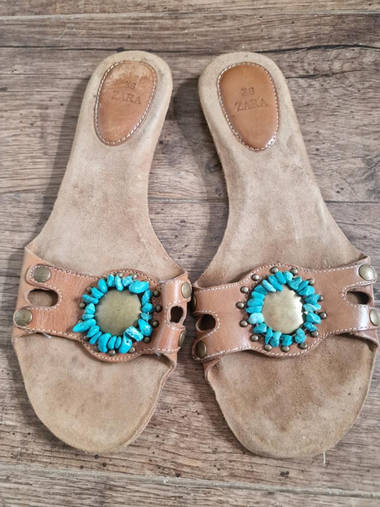 Leren bohemian instappers 38 Zara, Kleding | Dames, Schoenen, Zo goed als nieuw, Sandalen of Muiltjes, Bruin, Ophalen of Verzenden