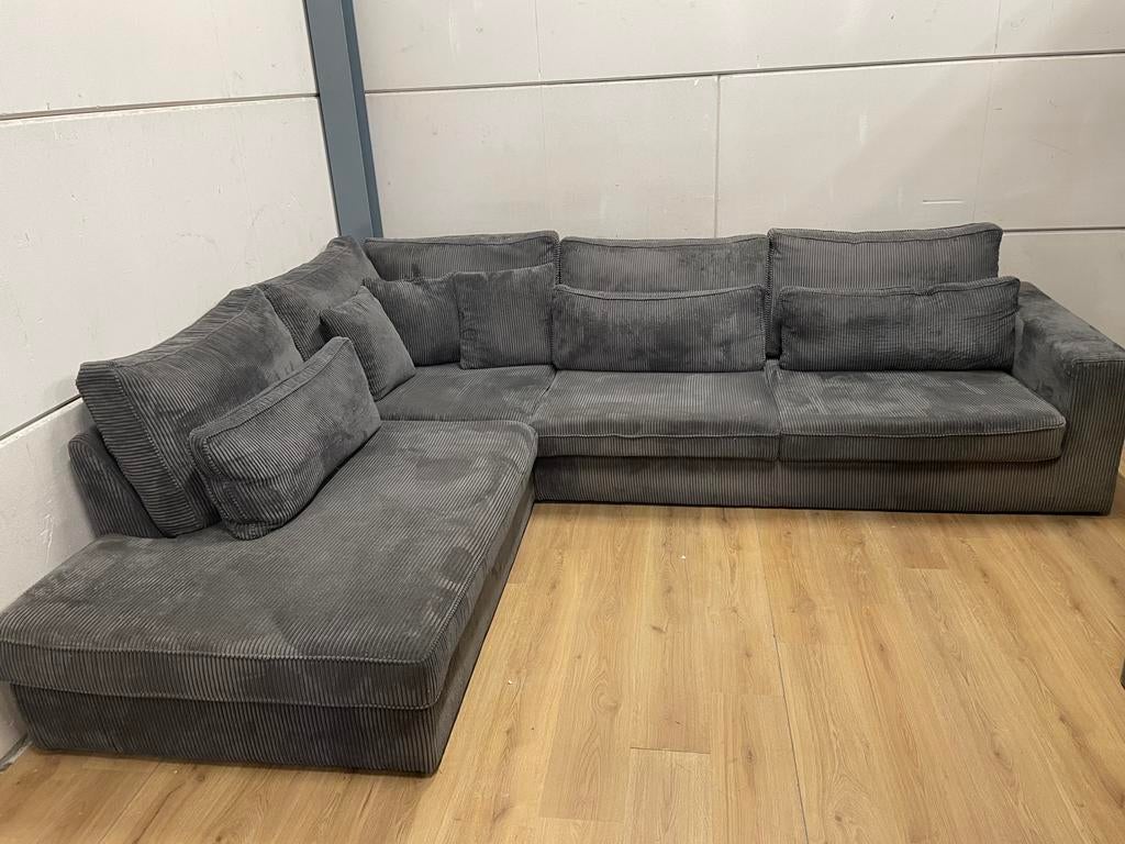 Mooie luxe grijze ribstof hoekbank - GEREINIGD!!!
