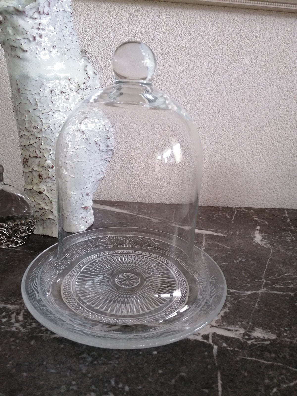 Nieuwe glazen stolp met glazen  bordje., Glas, Ophalen of Verzenden, Nieuw, Set