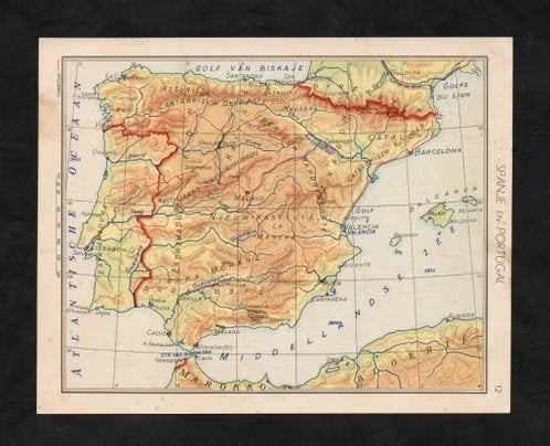 Kaart Spanje en Portugal Madrid Barcelona Lissabon., Ophalen of Verzenden, Zo goed als nieuw
