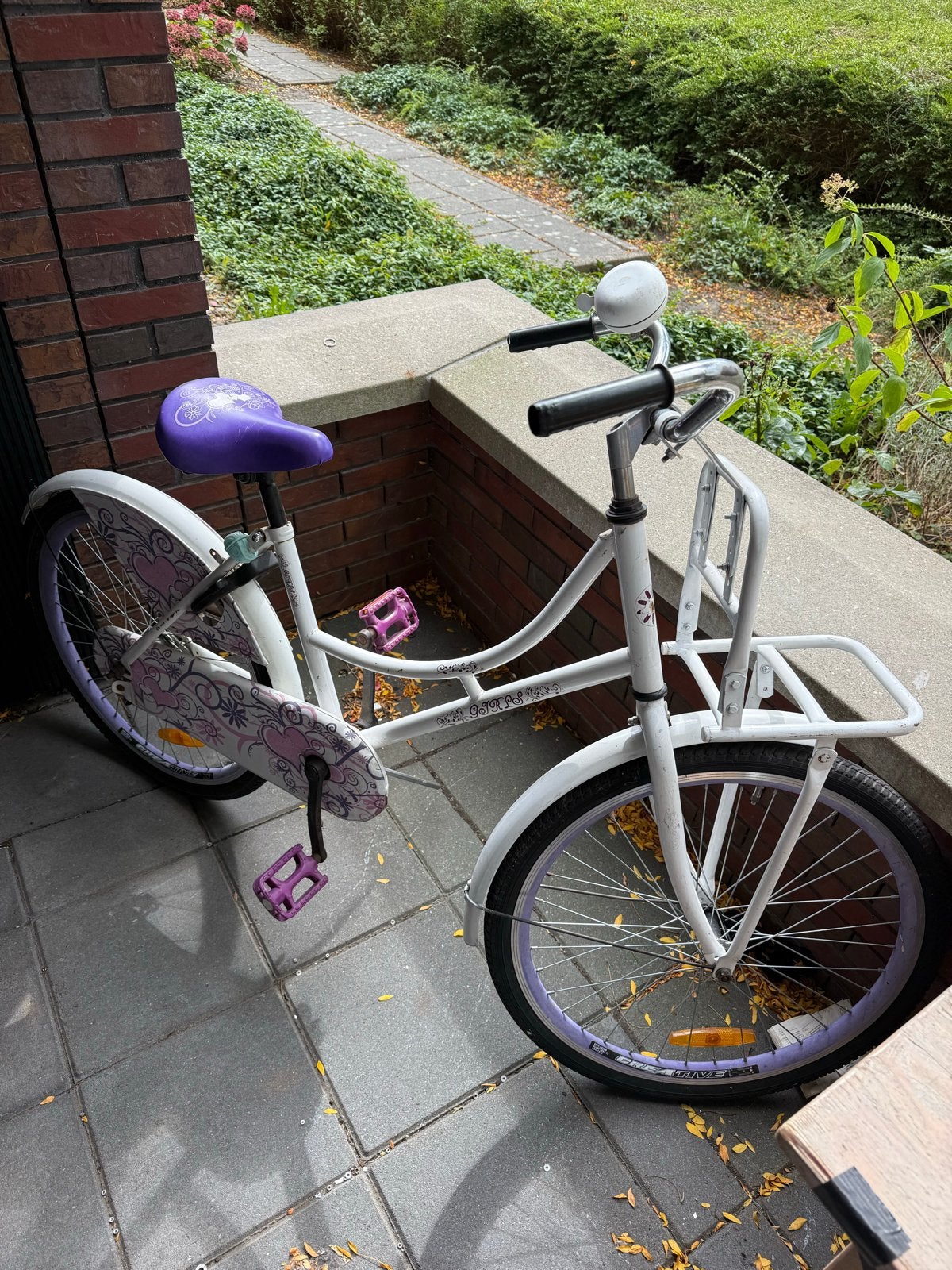 Meisjesfiets 20 inch met voordrager en paarse accenten, Ophalen, Gebruikt, Terugtraprem, 20 inch