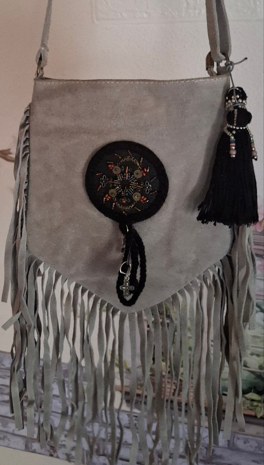 Grijs suède boho Ibiza franje crossbody tas zgan, Ophalen of Verzenden