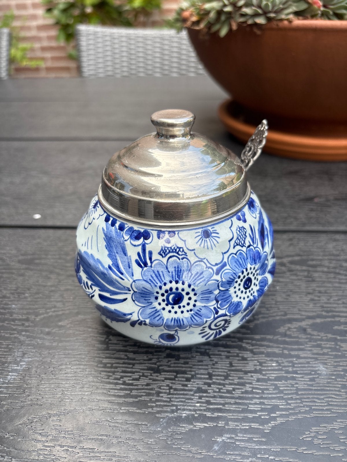 Delfts Blauw suikerpotje met zilveren deksel en lepel, Ophalen