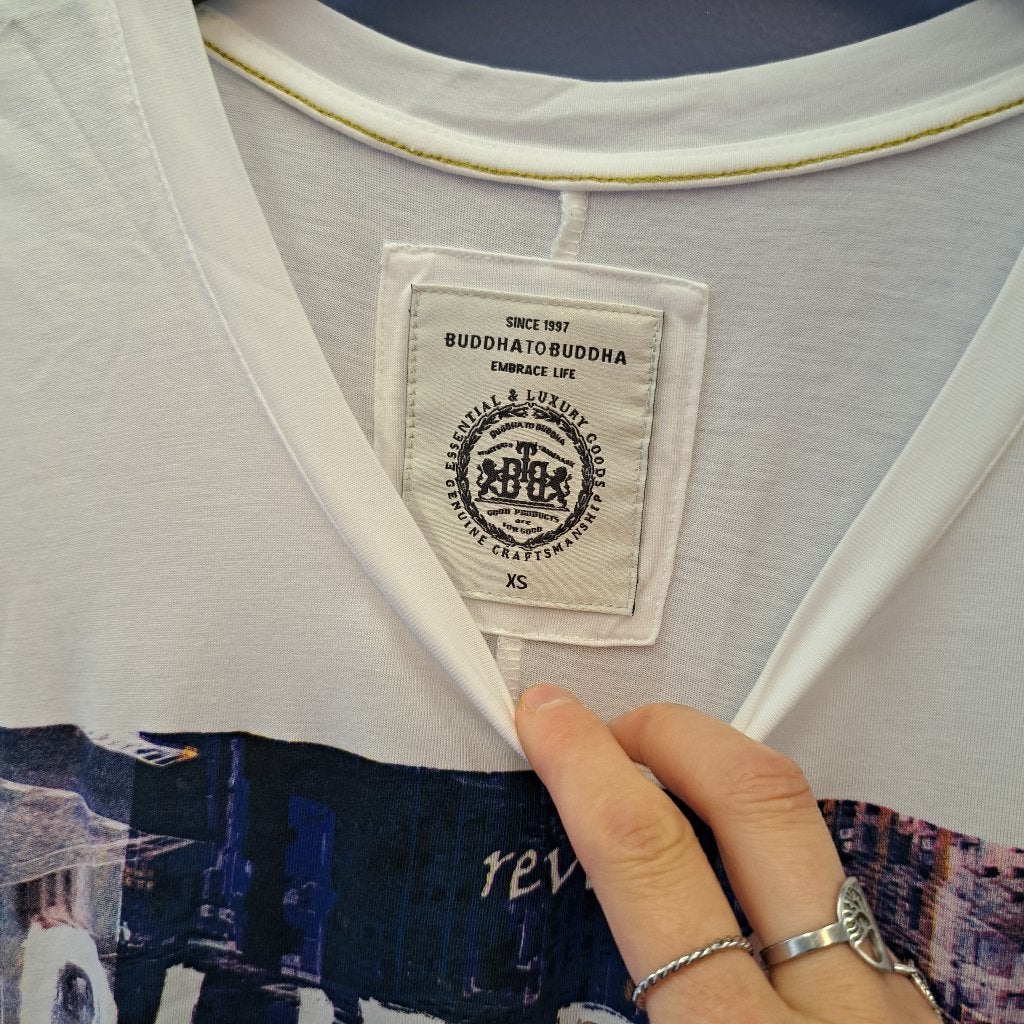 Buddha to Buddha lange witte top met blauwe print XS 49479, Buddha to Buddha, ., Wit, Buddha to Buddha