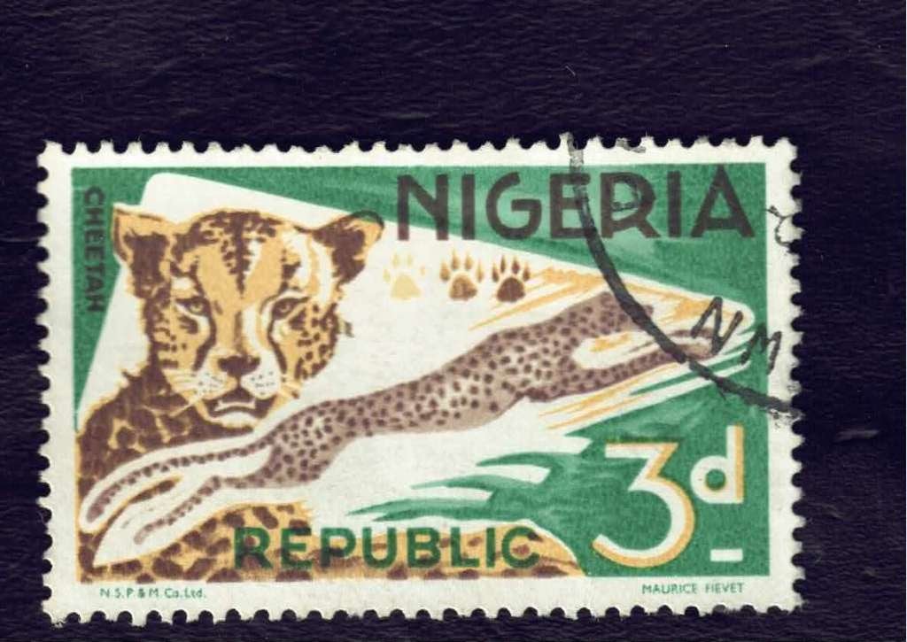 Katachtigen - Nigeria 3d (2) - Jachtluipaard - gebr, Ophalen of Verzenden, Gestempeld, Dier of Natuur