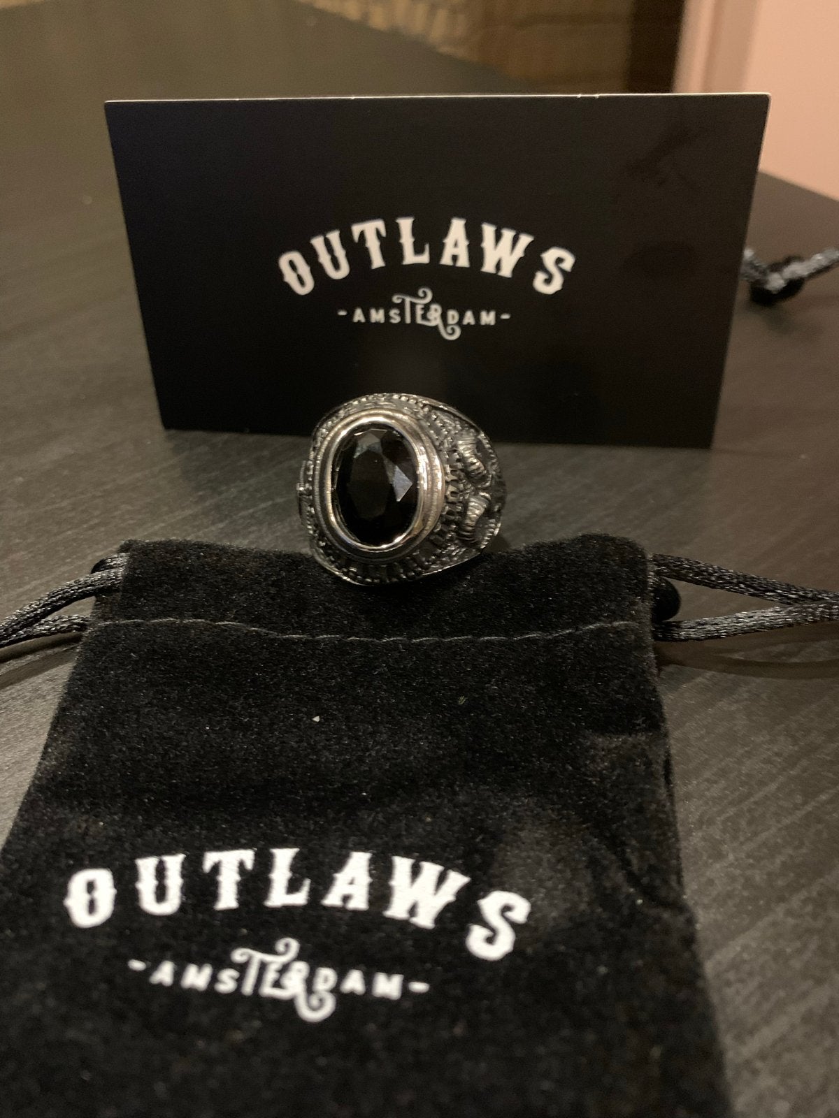 Outlaws Amsterdam RVS ring met zwarte steen - Maat 12, IJzer of Staal, Zwart, Heer, Ophalen of Verzenden