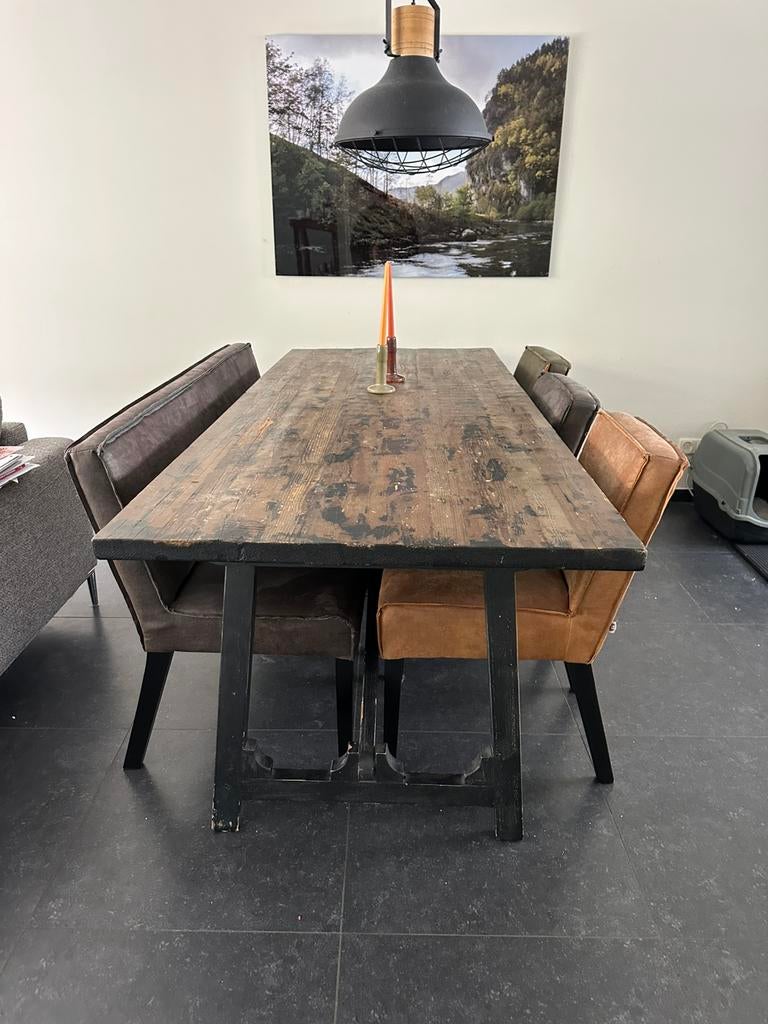 Houten eettafel set met stoelen en bank, Huis en Inrichting, Tafels | Eettafels, Ophalen, 200 cm of meer, 50 tot 100 cm, Zo goed als nieuw