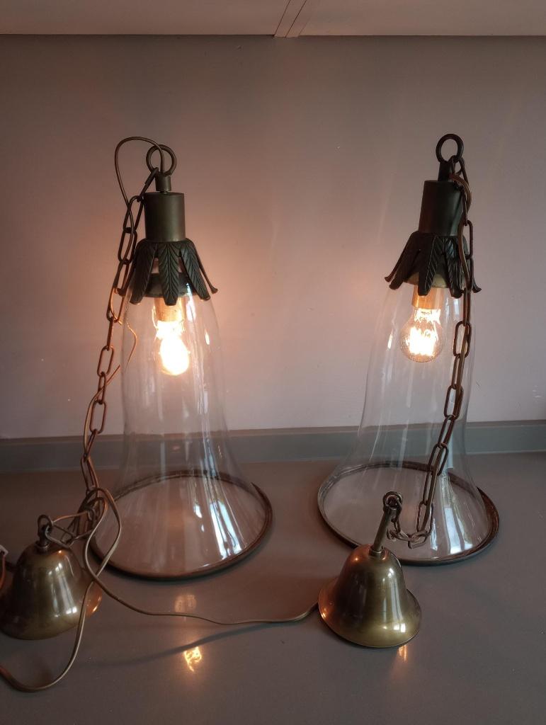 set handgemaakte vintage hanglampen, Huis en Inrichting, Ophalen, Gebruikt, 50 tot 75 cm, Glas