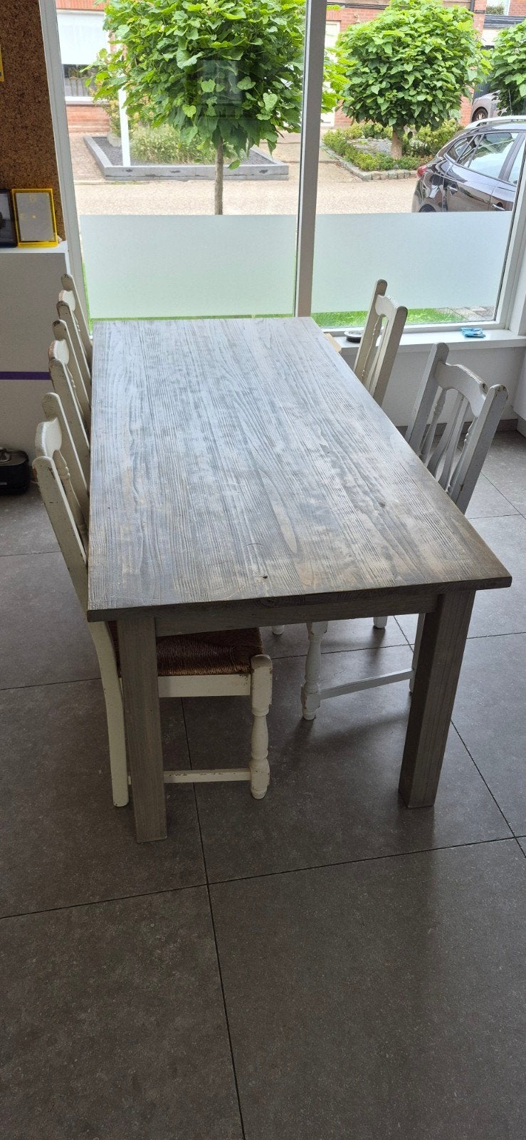 Robuuste eettafel met 3 lades en 5 stoelen, Ophalen, Gebruikt, Landelijk, Robuust, 50 tot 100 cm