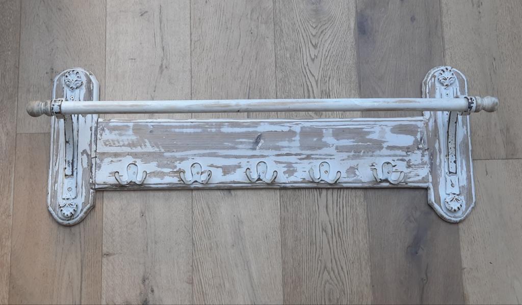 Vintage wandkapstok met haken en roede, brocante stijl, Huis en Inrichting, Woonaccessoires | Kapstokken, Gebruikt, Minder dan 100 cm