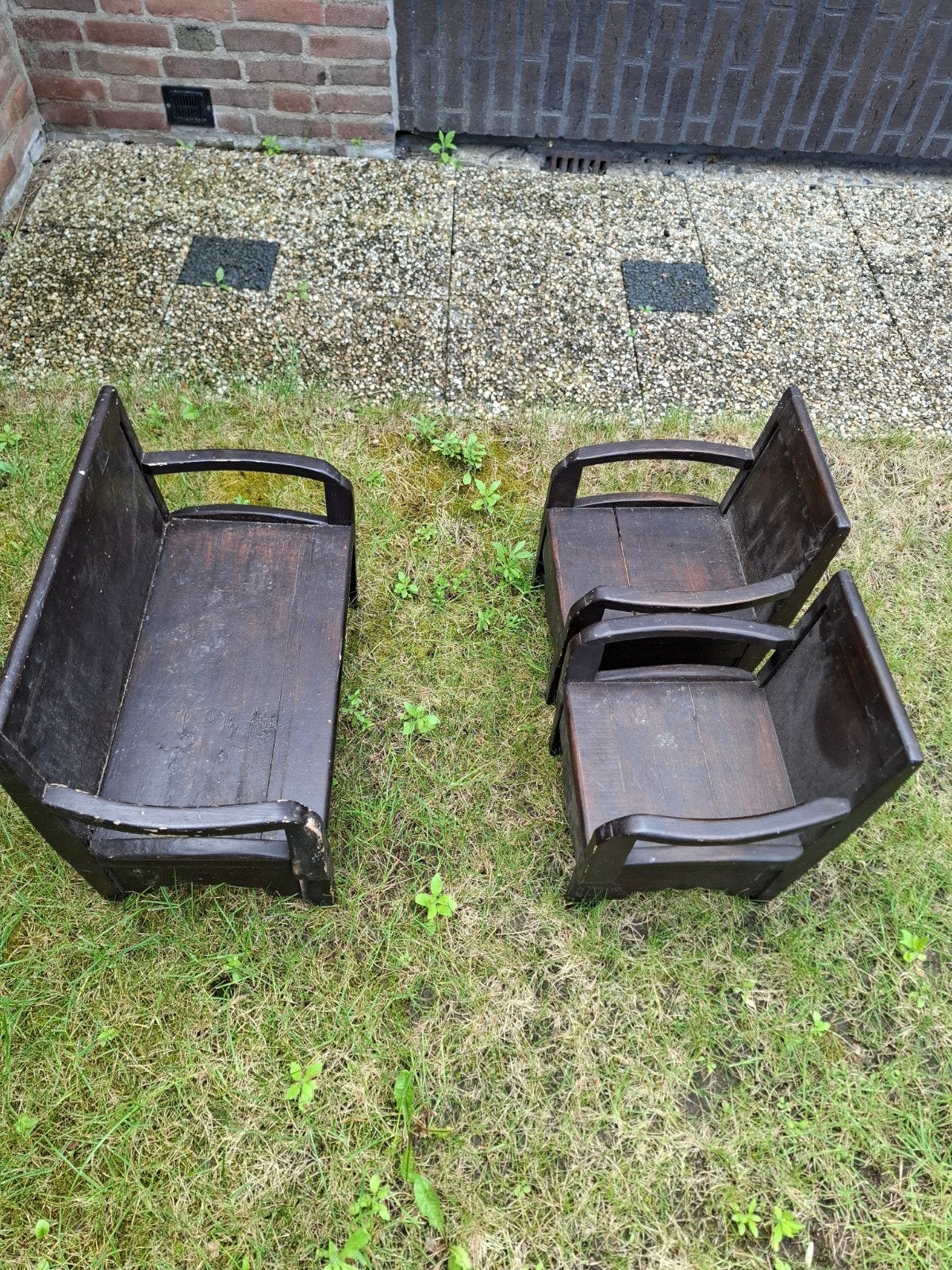 Vintage houten kinder bankje en stoelen (3 stuks), Ophalen