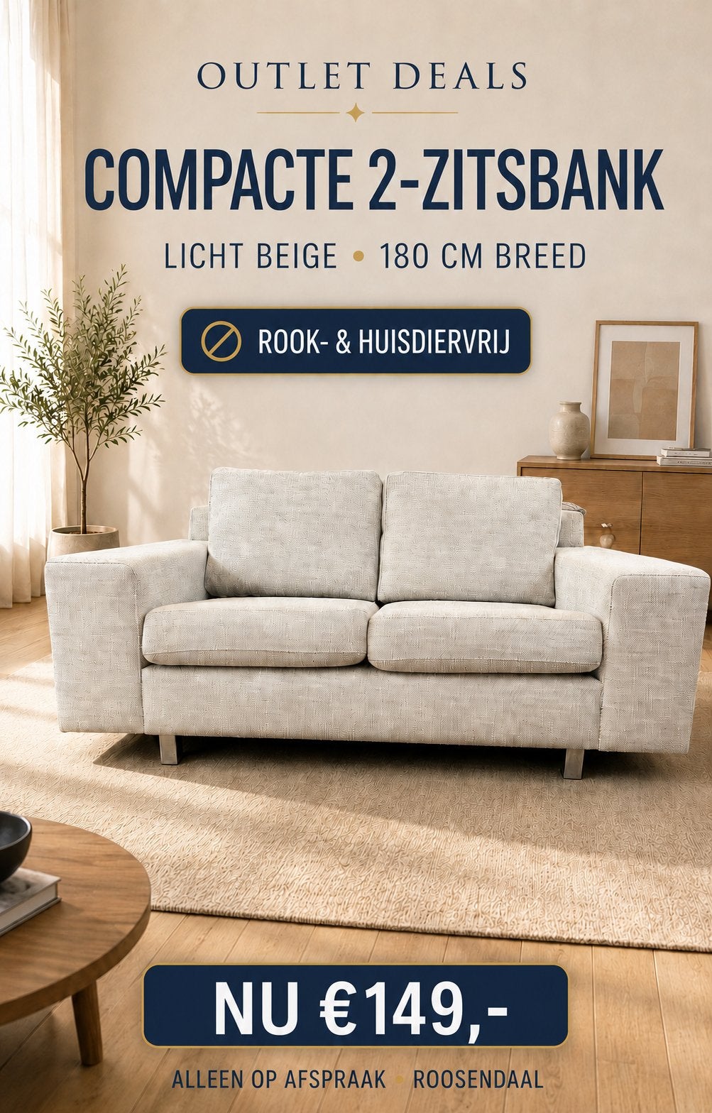 Compacte 2-zitsbank licht beige | 180 cm | prof gereinigd, Tweepersoons, 75 tot 100 cm, Ophalen of Verzenden, Zo goed als nieuw