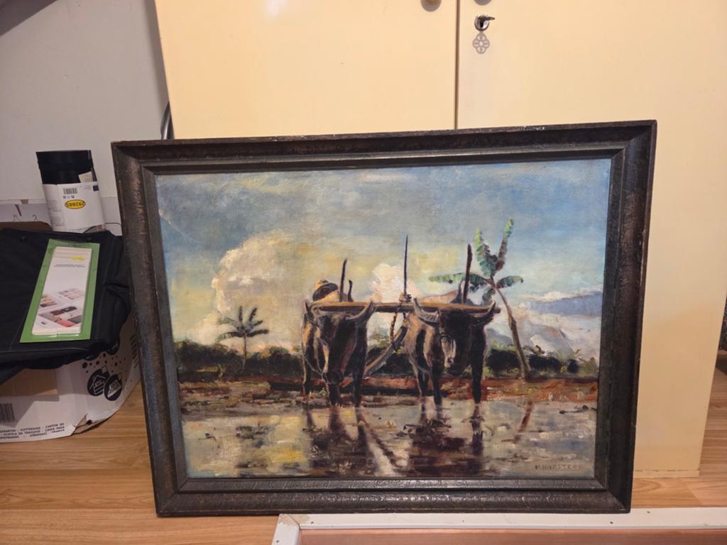 Olieverfschilderij van H. Hofstede - Buffels op rijstveld, Antiek en Kunst, Ophalen of Verzenden