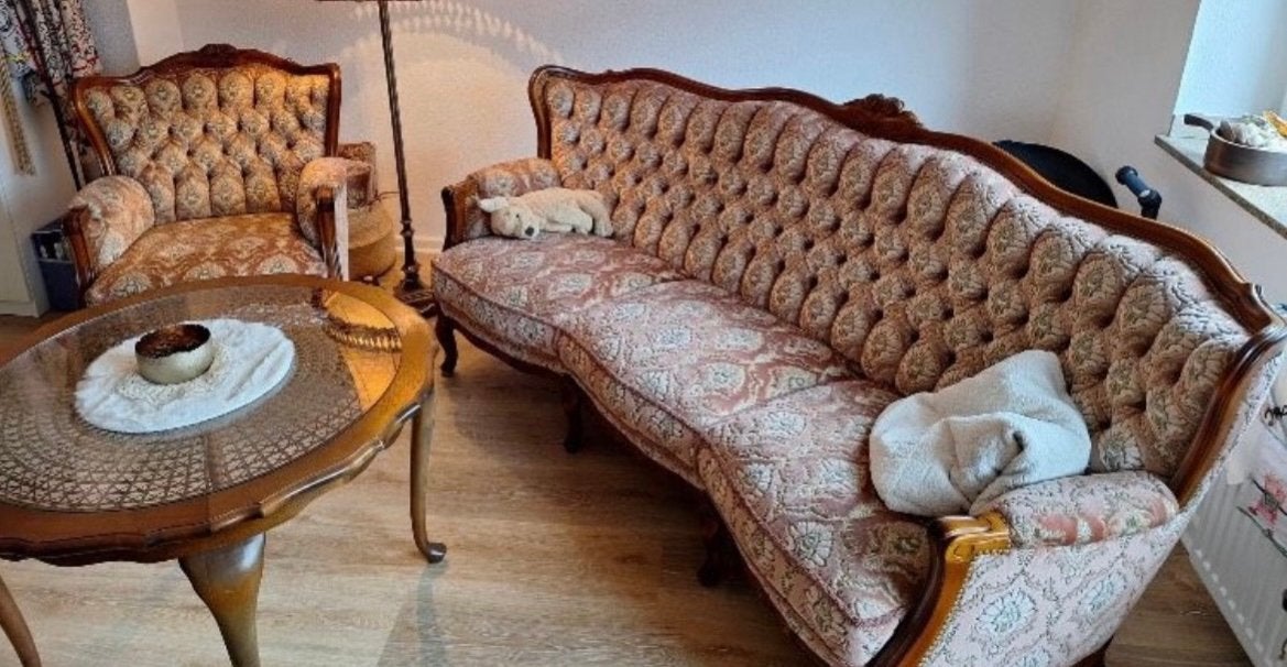 Vintage barok bankstel bank fauteuil roze queen Anne nieuw g, Ophalen