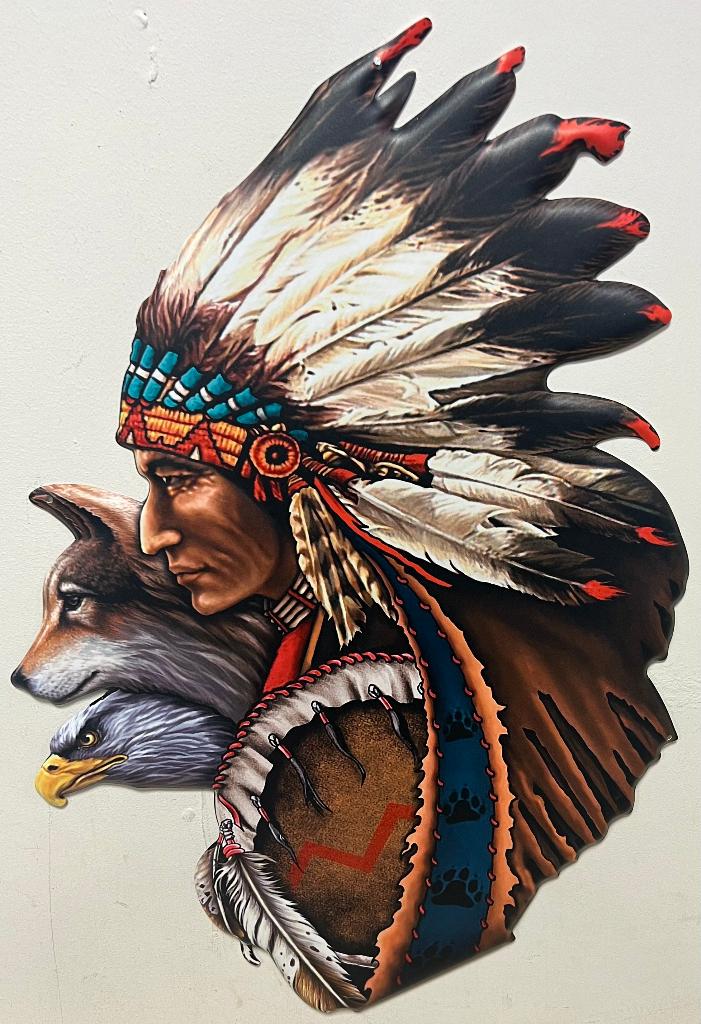 Indiaan Wolf relief reclamebord van metaal wandbord deco, Huis en Inrichting, Info@deconoord.nl, Deco Noord, Nieuw, Ophalen of Verzenden